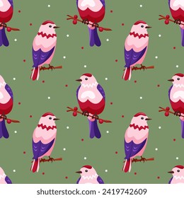 Seamless pattern with cute pink birds in cartoon style. Bird sits on a twig with berries on a green background with stars. Spring pattern for printing and decorating
