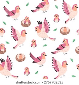 Seamless pattern with cute pink birds parents and straw nest with egg and baby