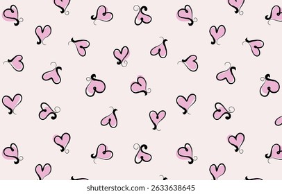 Seamless pattern of cute pink and black hearts in hand-drawn style. Romantic and playful design for fabric, stationery, wallpapers, and Valentine's Day projects.