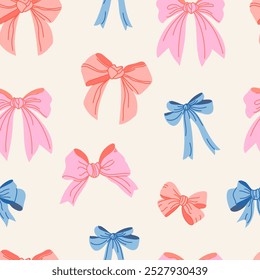 Seamless pattern with cute pink and blue bows. Trendy hair braiding accessory. Hand drawn vector illustration.