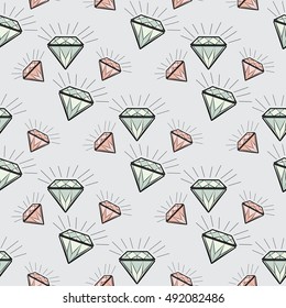 Seamless pattern with cute pink and blue diamonds on gray background