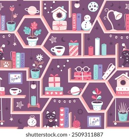 Seamless pattern with  a cute pink bookshelf with little books, plants, coffee mugs, colorful boxes and stuffed animals on a purple background. Repeated surface vector design.