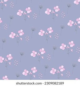 Seamless pattern with cute pink bouquets. Hand-drawn flowers on gray background.