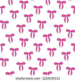 Seamless pattern with cute pink bows on a white background. Vector fairy tale illustration in a minimalistic flat style, hand drawn. Print for children.