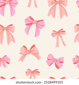 Seamless pattern with cute pink bows. Trendy hair braiding accessory. Hand drawn vector illustration.