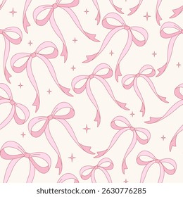 Seamless pattern with cute pink bows and sparkles on a light background. Perfect for wrapping paper, greeting cards, fabric, baby products, and girly designs.

