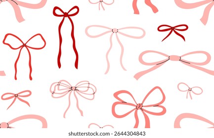 Seamless pattern with cute  pink bows. Gift coquette ribbons background. Modern bow design for print, textile, wrapping paper, fashion, fabric, wallpaper, cover. Hand drawn flat vector illustration