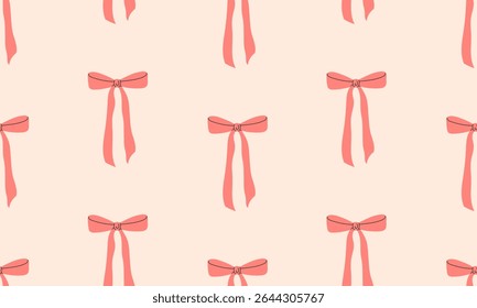 Seamless pattern with cute pink bows. Gift coquette ribbons background. Modern bow design for print, textile, wrapping paper, fashion, fabric, wallpaper, cover. Hand drawn flat vector illustration