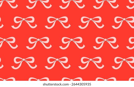 Seamless pattern with cute pink bows. Gift coquette ribbons on red background. Modern bow design for print, textile, wrapping paper, fashion, fabric, cover. Hand drawn flat vector illustration