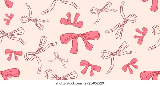 Modelo inconsútil con los lazos y las cintas rosadas lindos en estilo del garabato dibujado a mano en fondo rosado claro.