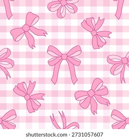 Patrón sin fisuras de lazos rosados lindos en un fondo de color rosa claro. Diseño femenino para textiles de vivero y envoltura de regalos.