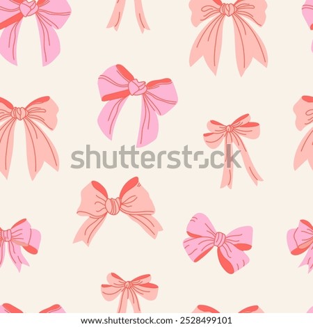 Seamless pattern with cute pink bows. Trendy hair braiding accessory. Hand drawn vector illustration.