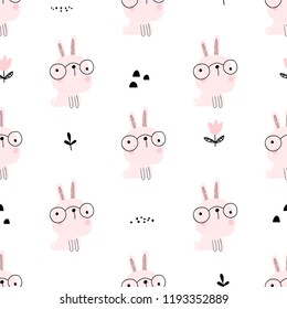 Seamless pattern of cute pink bunnies in glasses on white background with doodle elements. Vector background for children.