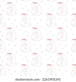 Seamless pattern of cute pink bunnies on a white background. Suitable for children's print. Vector illustration in a doodle style for decor, wrapping paper, fabric