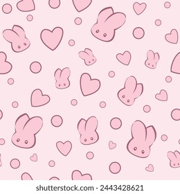 Seamless pattern with cute pink bunny and hearts. Vector illustration for decoration of backgrounds and prints in Easter holiday style