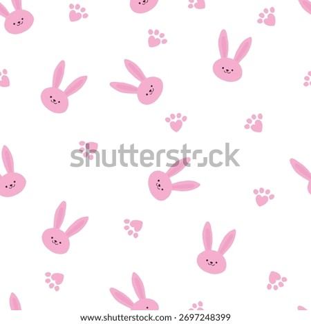 Seamless pattern with cute pink bunny faces and paw prints. Adorable Easter or baby design perfect for children’s textiles, wrapping paper, nursery decor, and spring holiday projects.