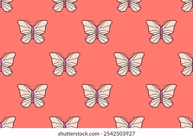 Patrón sin fisuras con mariposas rosadas lindas. Fondo de primavera y verano dibujado a mano con insecto volador. Patrón plano de la historieta con la mariposa, Ilustración vectorial