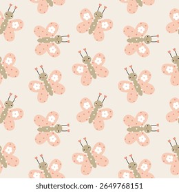 Seamless pattern with cute pink butterflies and floral details. Soft pastel design perfect for baby textiles, nursery decor, kids clothing, and spring-themed products.

