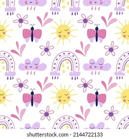 Seamless Pattern With Cute Pink Butterfly, Sun, Flowers, Clouds, Rainbows On A White Backfround. Vector Graphics For Prints On Childrens Clothes, T-shirts, Pillows, Wallpapers, Packaging, Packages.