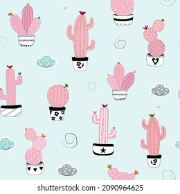 Seamless pattern cute pink cantus pot on light blue background