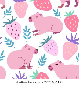 Padrão sem emenda com capivara rosa bonito, e morangos. Ilustração de doodle à mão desenhada por vetor.