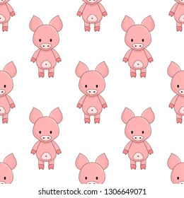 seamless pattern of cute pink cartoon pigs on white background chequerwise