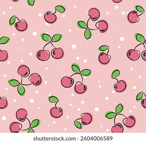 Seamless pattern of cute pink cartoon cherries, vector for fashion, card, poster designs