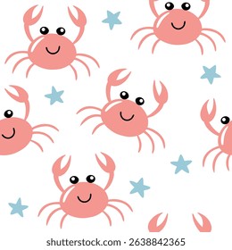 Seamless pattern with cute pink cartoon crabs and blue star on white background. Perfect for kids, summer, beach, or ocean-themed designs.