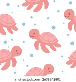 Seamless pattern of cute pink cartoon sea turtles with blue bubbles on white background for ocean themed kids design.