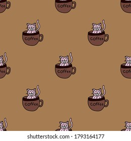 Seamless pattern of cute pink cat sitting in cup of coffee on brown background.