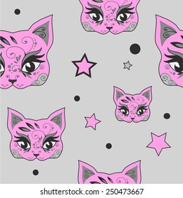 Seamless pattern with cute pink cats and stars. Vector version