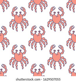 Seamless pattern. Cute pink crab . Marine animal. Doodle illustration on white background. For fabric, paper, and other surfaces. Vector background.