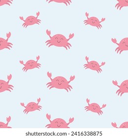  Seamless pattern with cute pink crab. Background with a funny sea character in kawaii style. Vector background for print, design, wallpaper, decor, textiles and packaging, eps 10.