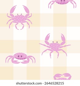 Padrão sem costura com caranguejos rosa bonitinho em um fundo bege quadriculado. Ideal para têxteis infantis, produtos com tema de praia e decorações de verão.