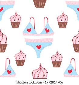Seamless pattern with cute pink cupcacke and underwear with herts. Cute food illustration for packaging, gifts, holidays