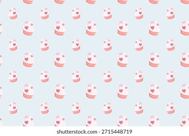 Seamless pattern of cute pink cupcakes with heart toppings on a soft pastel blue background. Sweet romantic design for wrapping paper, textiles, stationery, party decor and Valentine theme