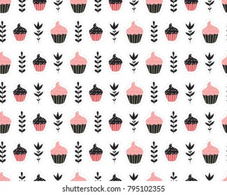 Seamless pattern with cute pink cupcakes and herbs.  All elements are  hidden under mask. Pattern are not cropped and can be edited. Cute vector illustration. Sweets