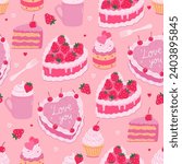 Seamless pattern with cute pink desserts. Vector graphics.