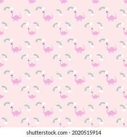 Patrón sin foco lindo dinosaurio rosa sobre fondo rosado adornado con arcoiris y nube. Ilustración vectorial.