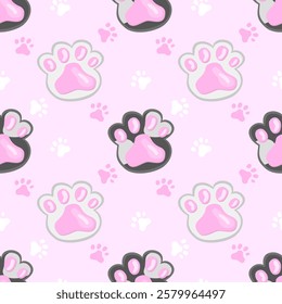 Seamless pattern with cute pink dog paw prints on a soft pastel background. Perfect for fabric, stationery, wallpapers, pet products, and creative designs. Adorable and playful design for dog lovers!