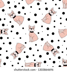 Seamless pattern with cute pink dogs on a white background with black dots. Vector illustration.