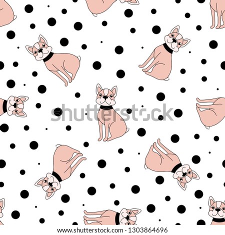 Seamless pattern with cute pink dogs on a white background with black dots. Vector illustration.