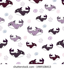 Seamless pattern with cute pink dolphins. Vector children's illustration. For decoration of children's bedding, clothes, wallpaper