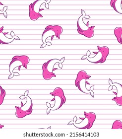 Seamless pattern with cute pink dolphins and narrow horizontal stripes. Vector background in cartoon style.