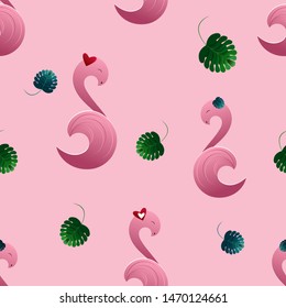 Seamless pattern with cute Pink Flamingo. Bird Paper Cut. Illustration on pink background with palm leaves. Vector Tropical trendy Summer print design. Trendy texture wallpaper, flyers, t-shirt design