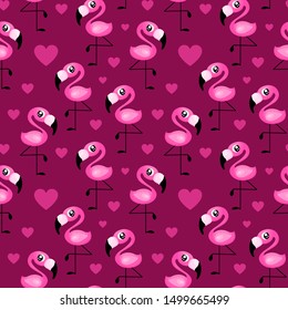 Seamless pattern with cute pink flamingo and heart shapes. Repeated ornament with exotic birds and plants on dark pink background. Flat vector illustration.