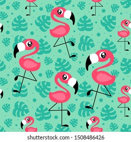 Seamless pattern with cute pink flamingo, monstera leaves and dots on green background. Flat vector illustration.