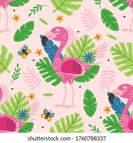 seamless pattern with cute pink flamingo -  vector illustration, eps