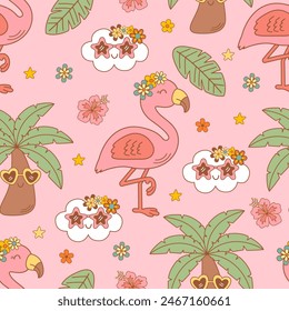 seamless pattern with cute pink flamingo, cloud, palm tree