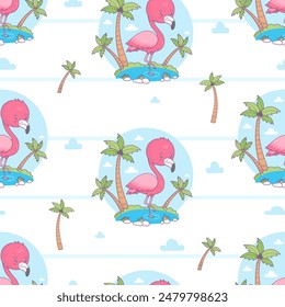 Seamless pattern with cute pink flamingo with tropical palm trees on white striped background with clouds. Funny cartoon kawaii bird character. Vector illustration. Kids collection